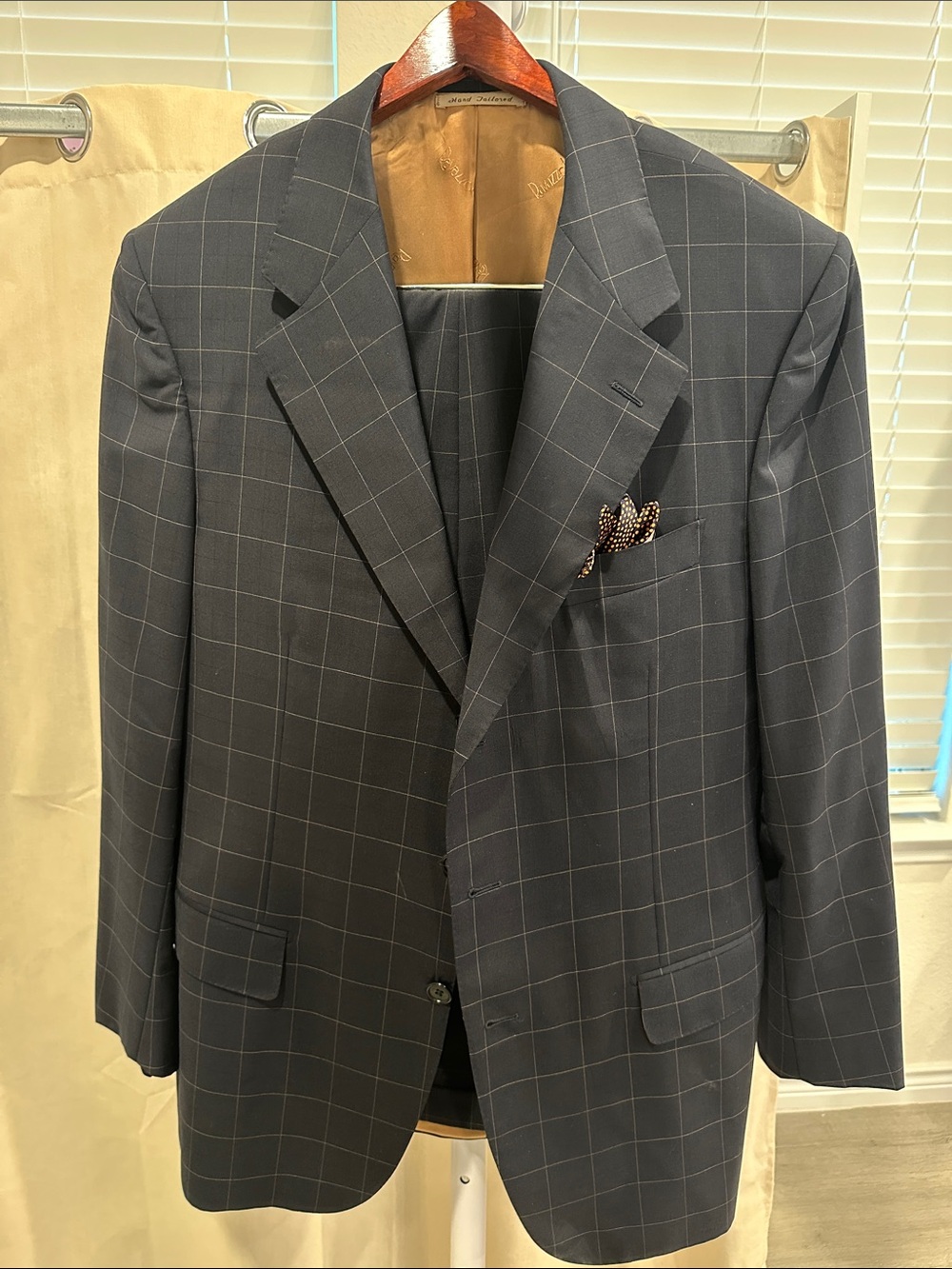 Ravazollo 100% Bemberg Rayon Men’s Navy Windowpane Suit pair - Hand Tailored